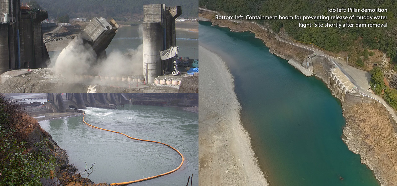 Top left: Pillar demolition Bottom left: Containment boom for preventing release of muddy water Right: Site shortly after dam removal