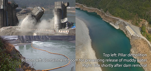 Top left: Pillar demolition Bottom left: Containment boom for preventing release of muddy water Right: Site shortly after dam removal