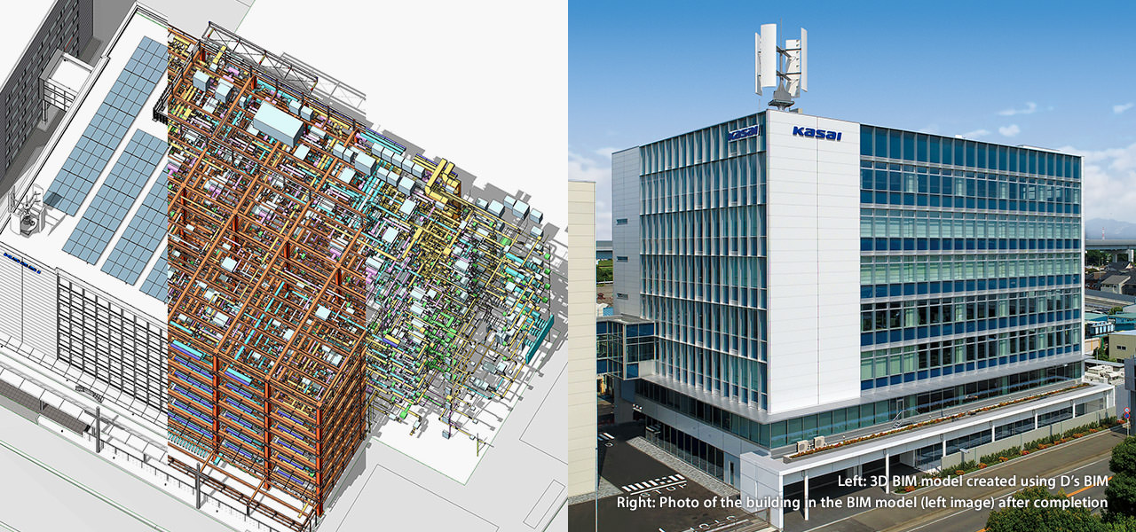 (Left) 3D BIM model created using D’s BIM (Right) Photo of the building in the BIM model (left image) after completion